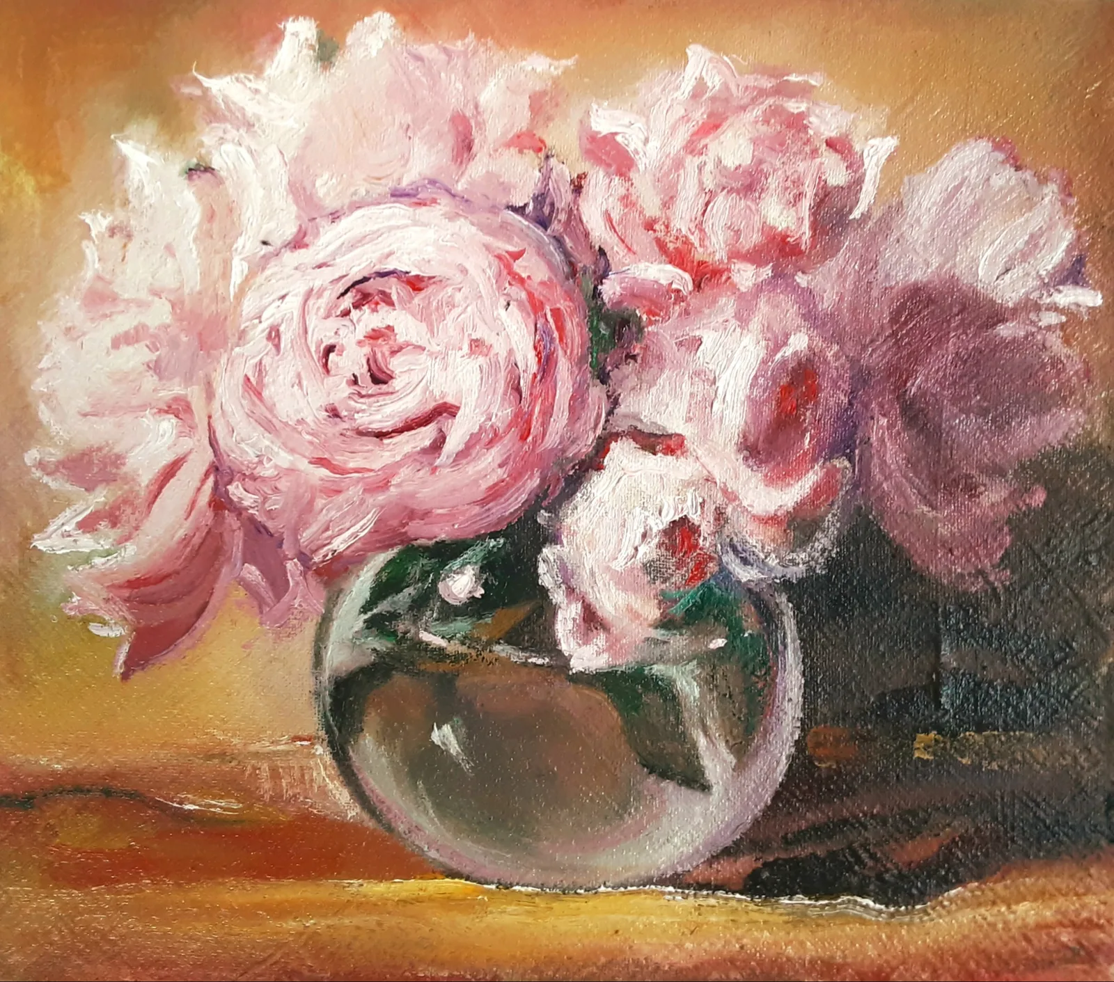 Картина «Букет» — Надежда Соболева, Натюрморт, На картине изображён букет изящных розовых цветов в небольшой прозрачной вазе, …