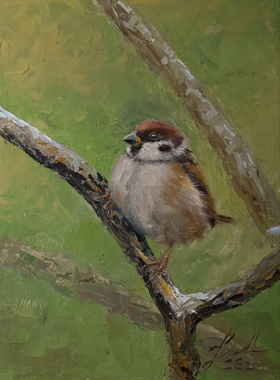 Картина «Воробей» — Юлия Уфимцева, Другое, Милый и упитанный воробей на зеленом, летнем фоне. Картина добавит уюта и летне…