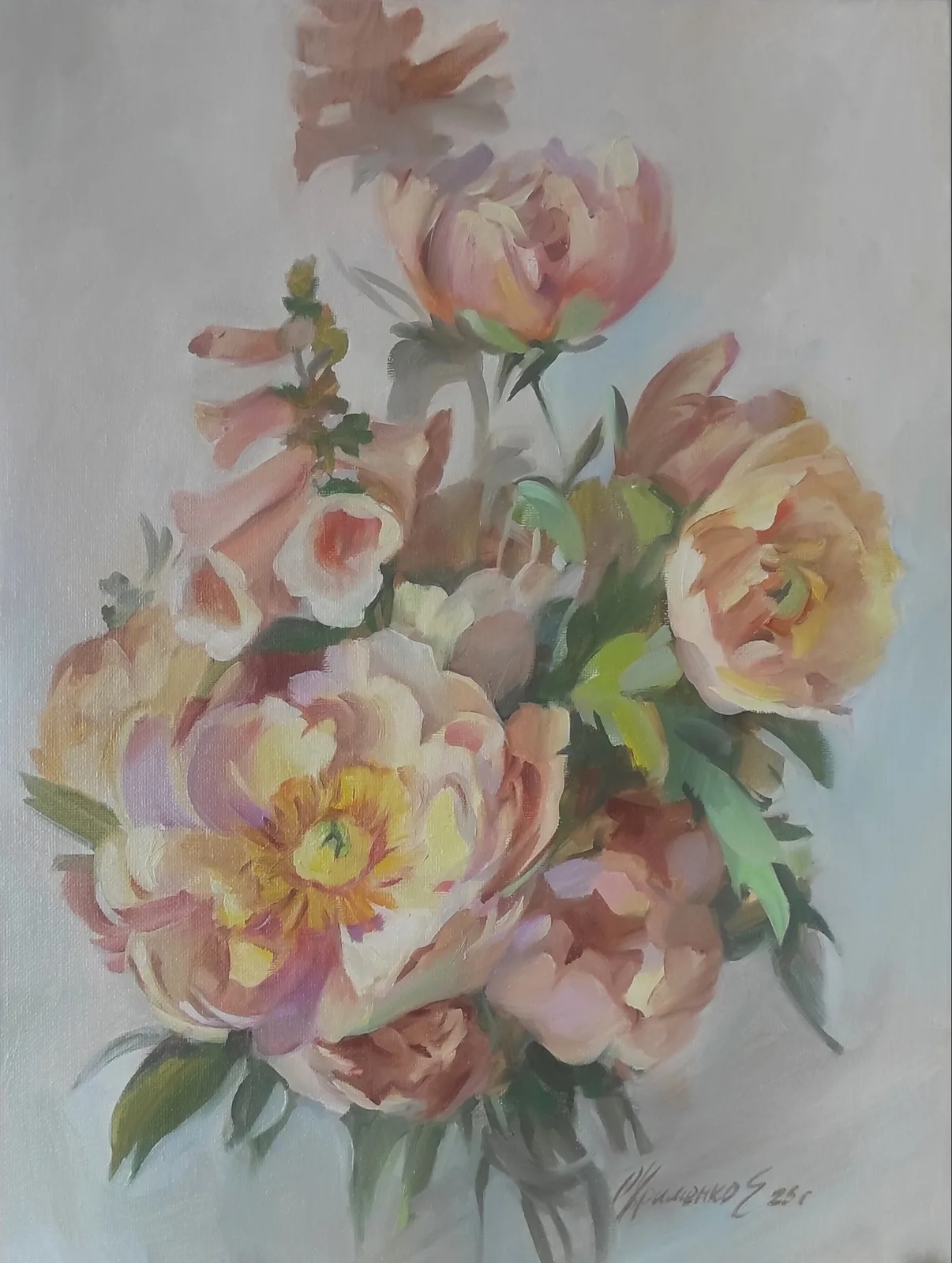 Картина «Светлые пионы» — Екатерина Охрименко, Натюрморт, Мягкие пионы светлых оттенков - главных героев этой картины - Екатерина Охримен…
