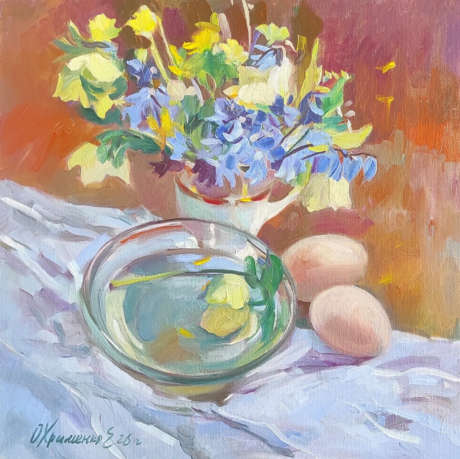 Картина «Светлый» — Екатерина Охрименко, Натюрморт, Морозник, пролески в воде и яйца, пасхальное настроение ранней весны в натюрмор…