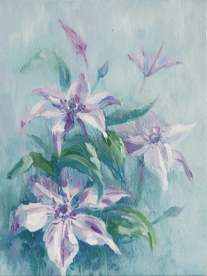 Картина «Клематис» — Татьяна Сазонова, Пейзаж, Маленькая работа маслом может стать прекрасным подарком. Выполнена в спокойных …