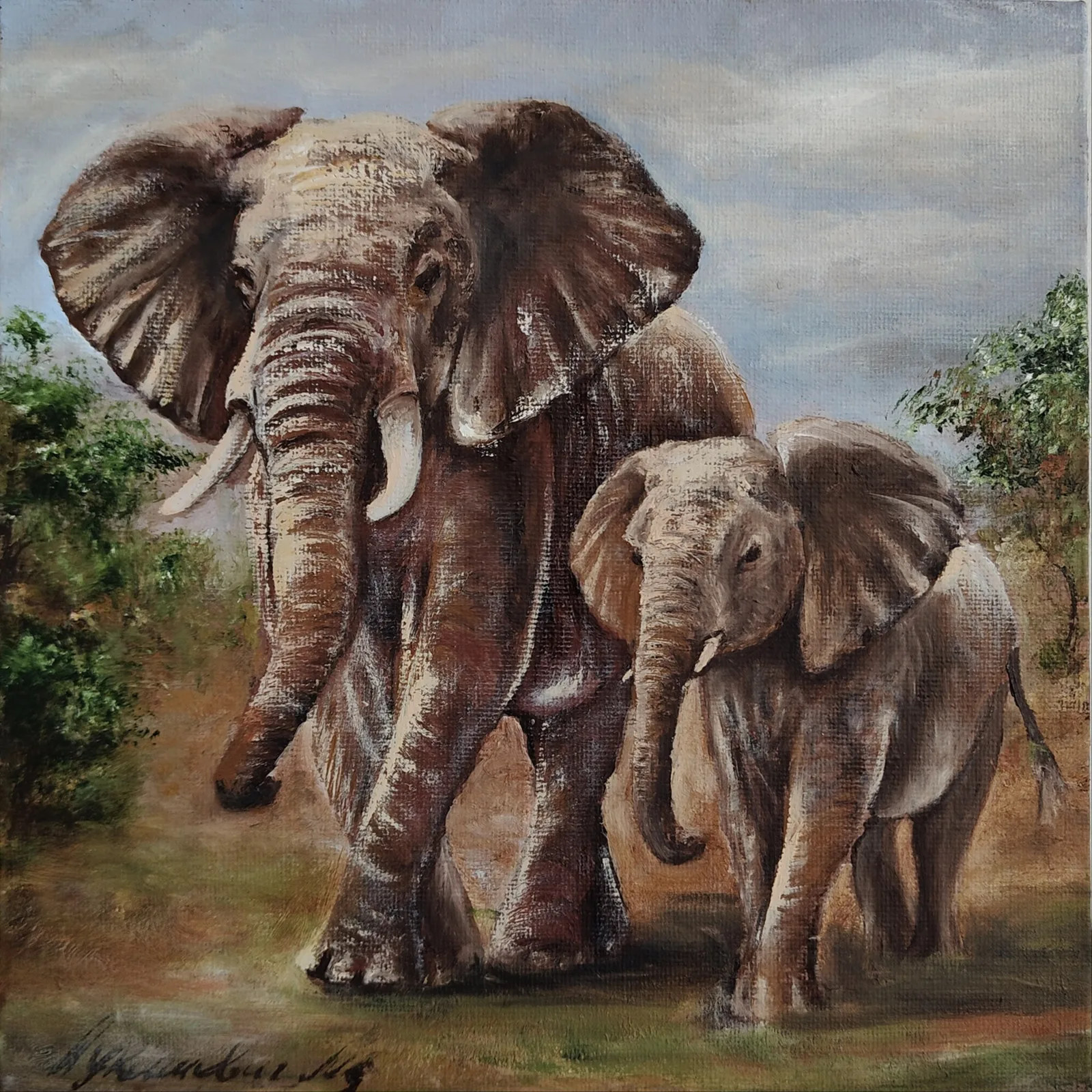 Картина «Слоны» — Мария Лукашевич, Анималистика, «Величие Саванны: Семья Слонов»
Сюжет со слонами — это классика, которая никог…