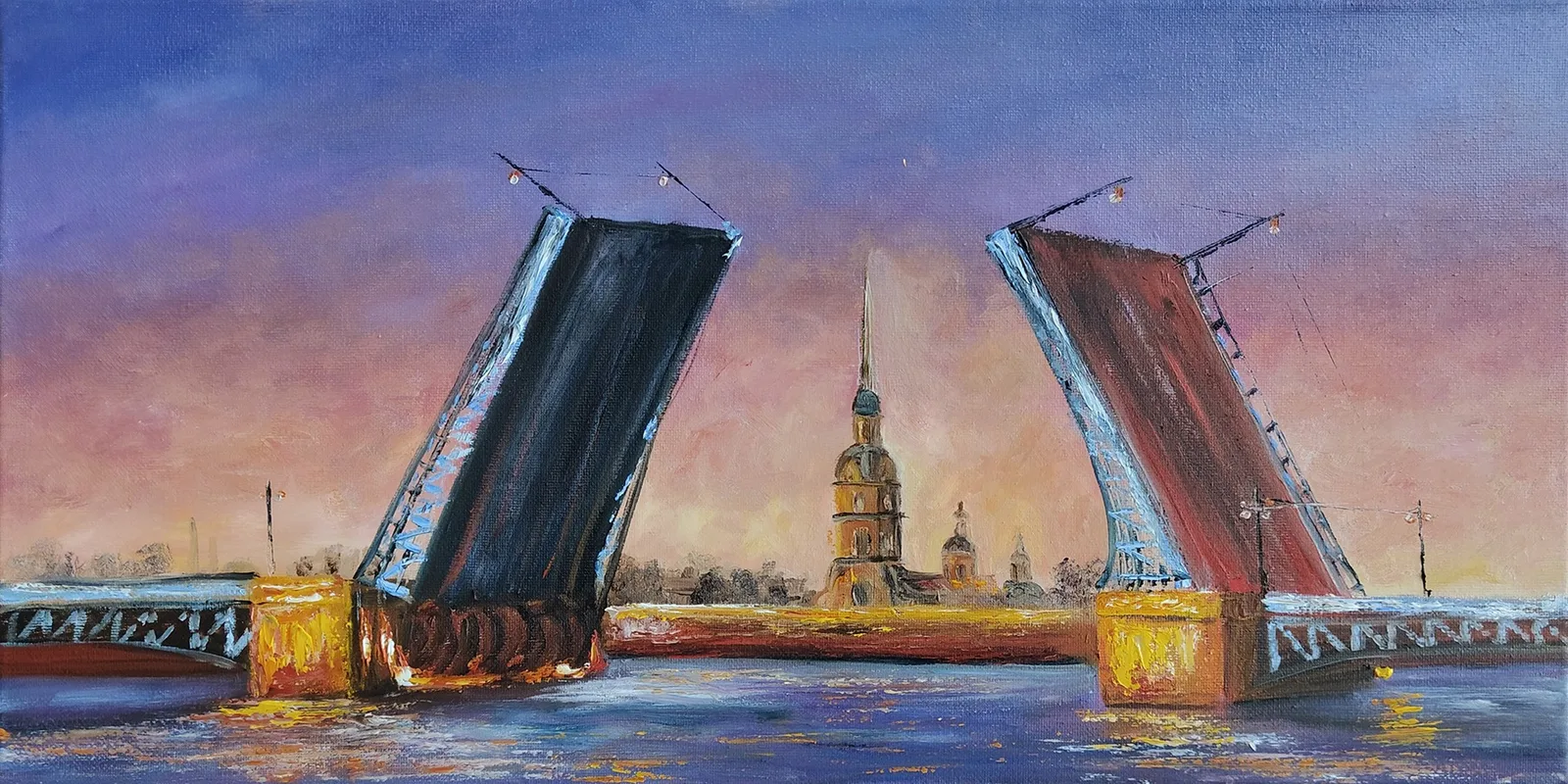 Картина «Сердце Петербурга» — Мария Лукашевич, Городской пейзаж, Картина маслом «Разводной Дворцовый мост и Петропавловская крепость». Атмосферн…
