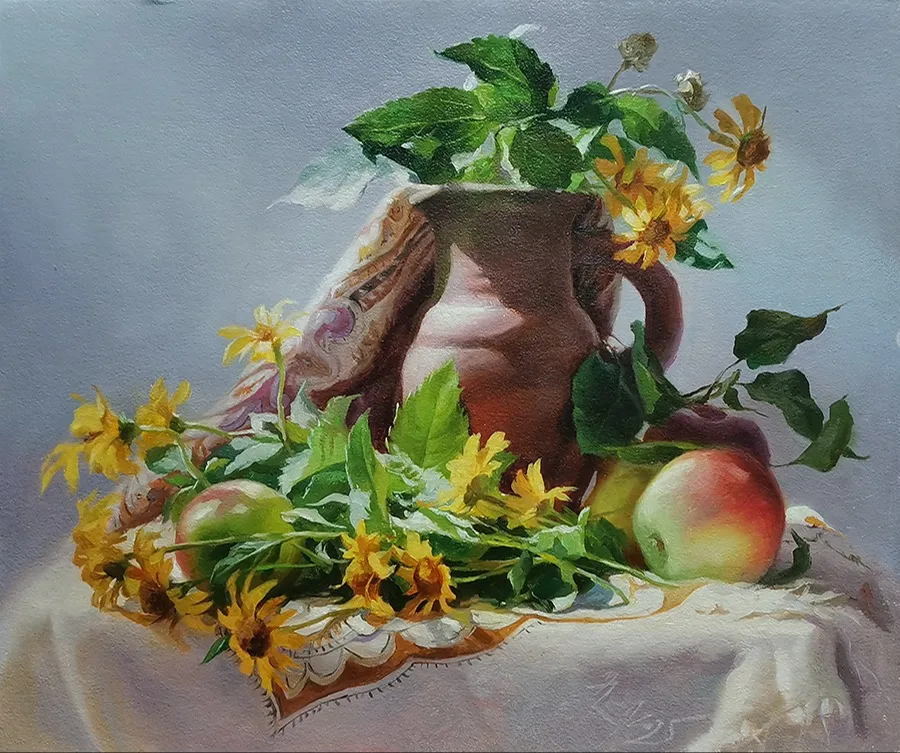 Картина «"Натюрморт с кувшином."» — Марина Петухова, Натюрморт, На картине изображён натюрморт с кувшином, фруктами и цветами на столе. 
Художн…