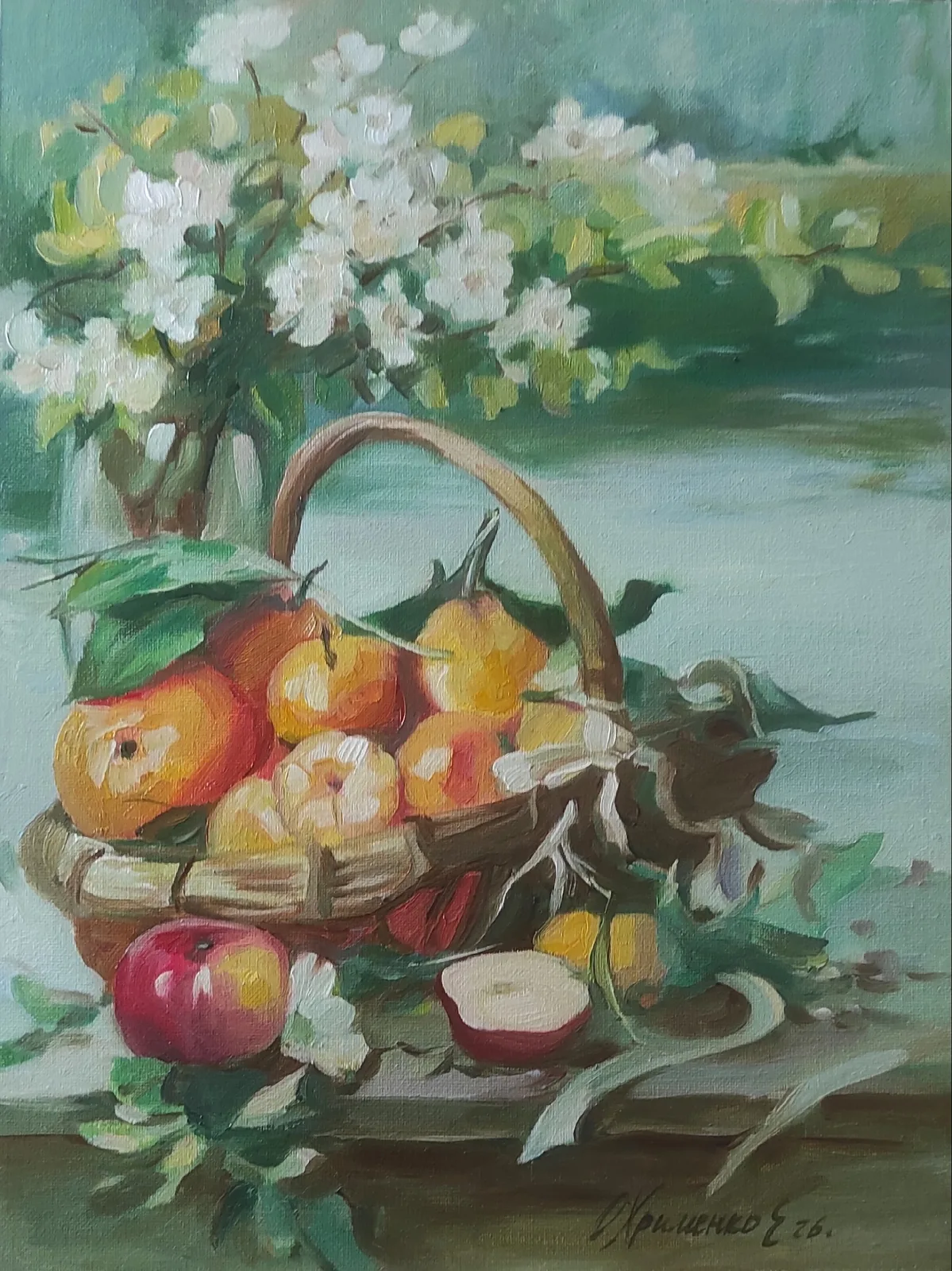 Картина «У реки с корзиной.» — Екатерина Охрименко, Натюрморт, Радостное и тихое настроение весенним днём наполнено ароматом свежих фруктов и …