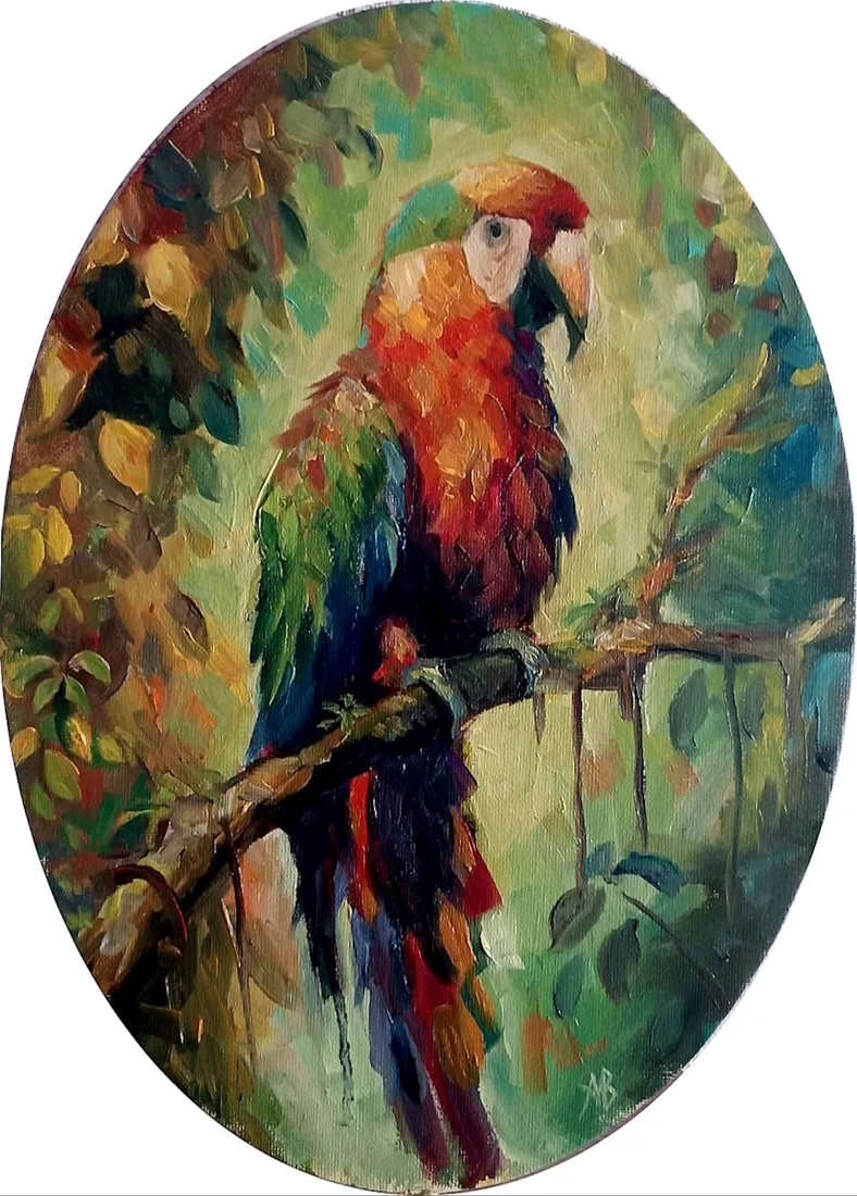 Картина «Тропический гость» — Артур Михалев, Анималистика, 🦜 «Тропический гость» — это яркая и жизнерадостная картина в круглой раме. Энер…