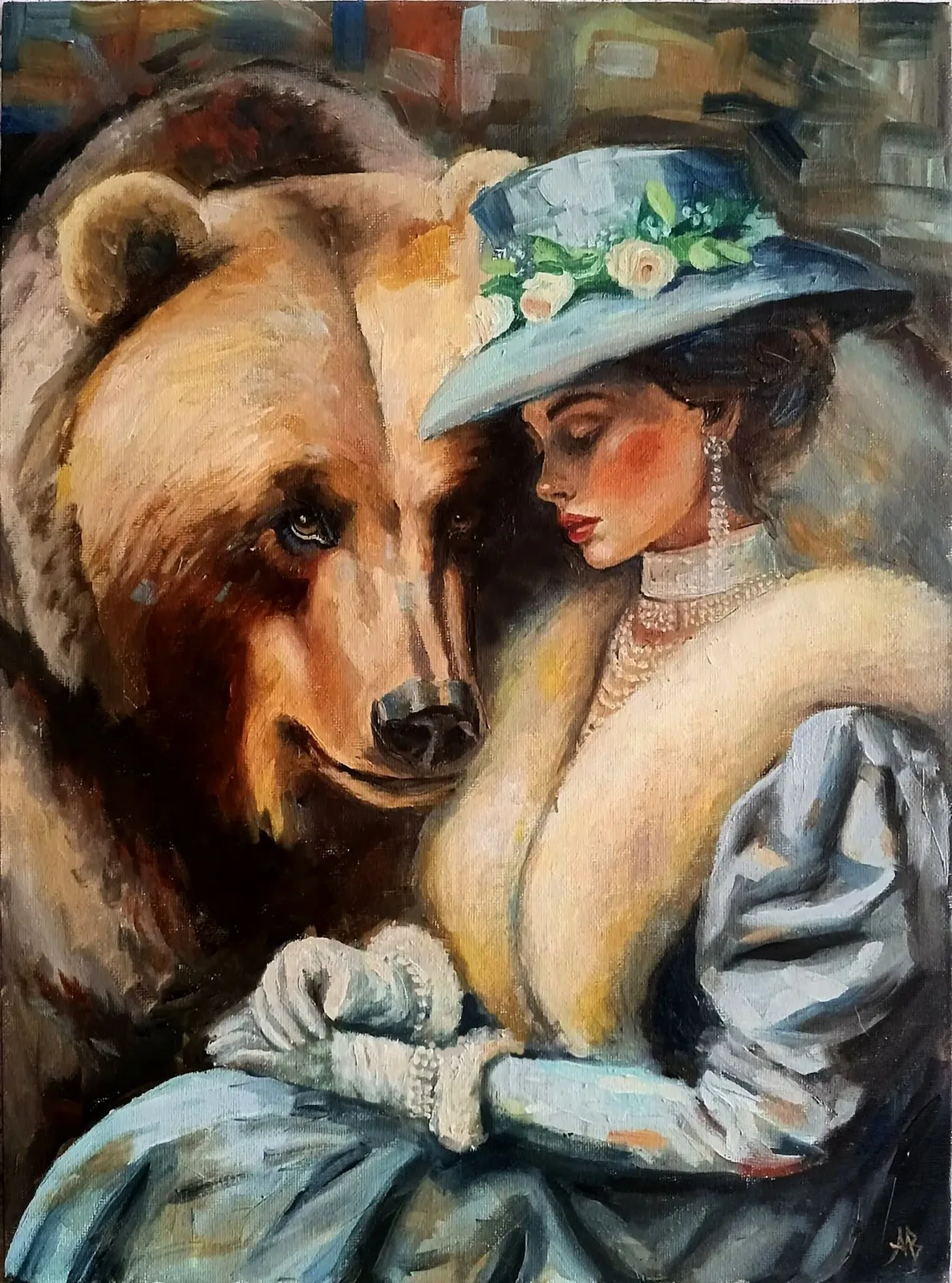 Картина «Девушка и медведь» — Артур Михалев, Портрет, На картине изображена женщина в шляпе с цветами и жемчужном ожерелье. Рядом с н…
