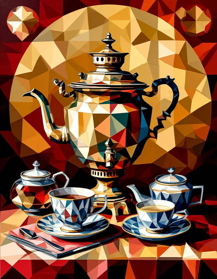 Картина «Самовар Бурлюка . Приглашение к чаепитию.» — Петр Шеин, Натюрморт, Картина ,, Приглашение к чаепитию ,, написана в стиле кубофутуризма , основател…