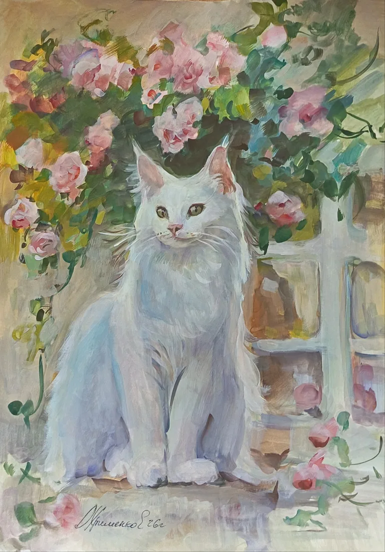 Картина «Утренний выход» — Екатерина Охрименко, Анималистика, Картина с белой кошкой на подоконнике и розами. Светлое утро с кошачьей нежньст…
