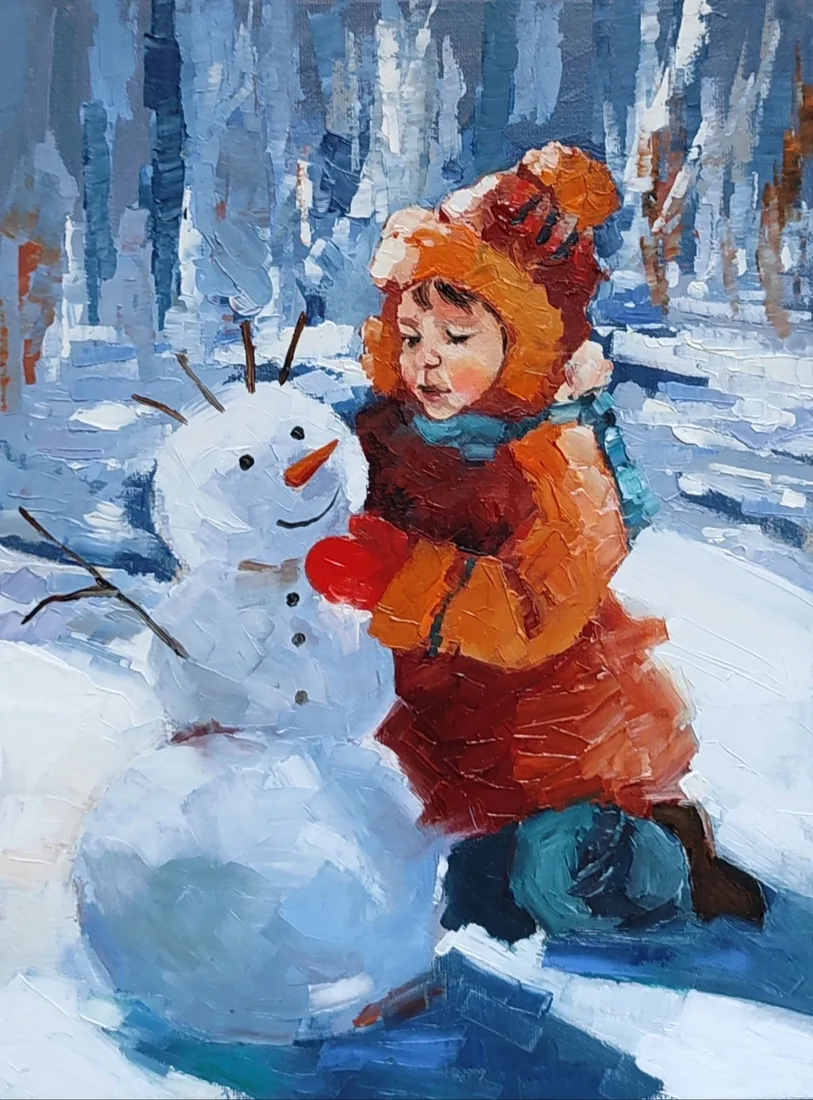 Картина «Снеговик» — Ольга Смыкова, Жанровая живопись, Картина маслом на льняном холсте, холст на МДФ,покрыта лаком, размер 18х24 
25…