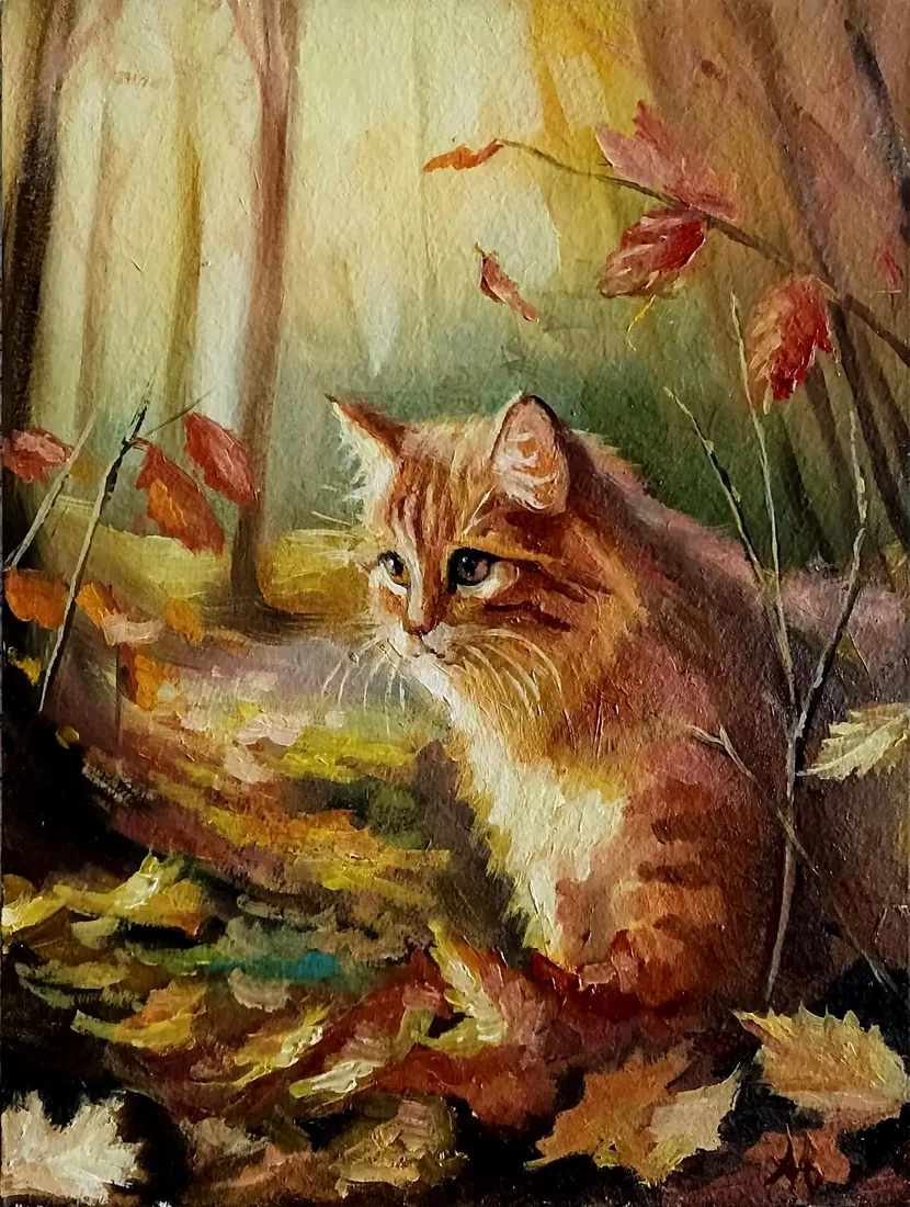 Картина «Осенний кот-7» — Артур Михалев, Анималистика, 🎨 Эта серия картин — настоящее осеннее волшебство! На холстах оживают пушистые …