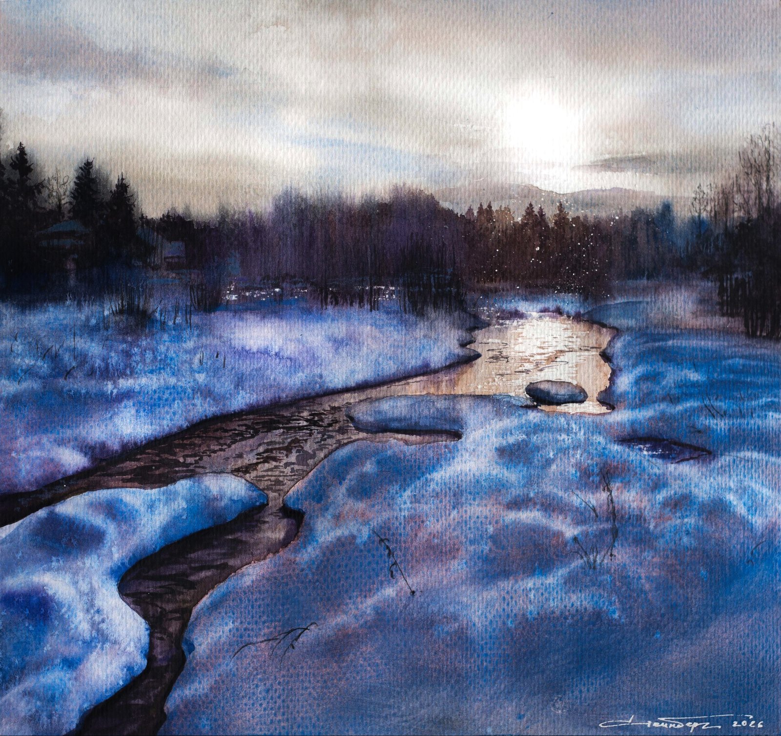 Зимняя речка на исходе дня