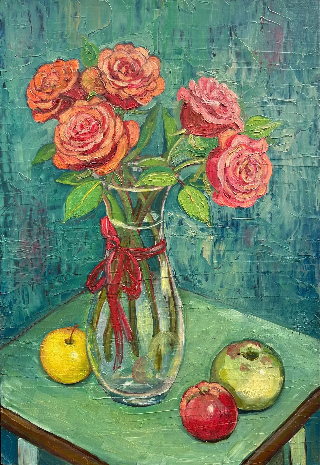 Картина «Розы мастихином» — Любава Пакалка, Натюрморт, На картине изображён натюрморт с букетом роз в прозрачной вазе и несколькими фр…