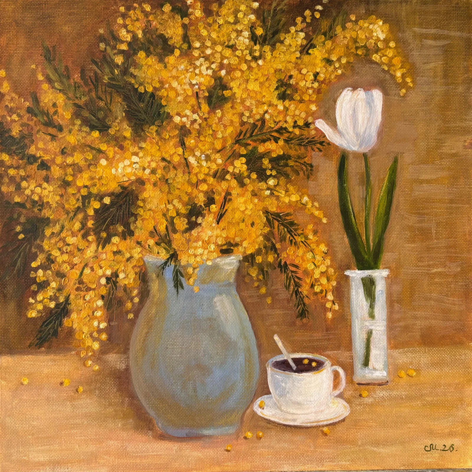 Картина «Мимоза и тюльпан» — Марина Сметанина, Натюрморт, В картине чувствуется ранняя весна, когда природа только начинает пробуждаться.…