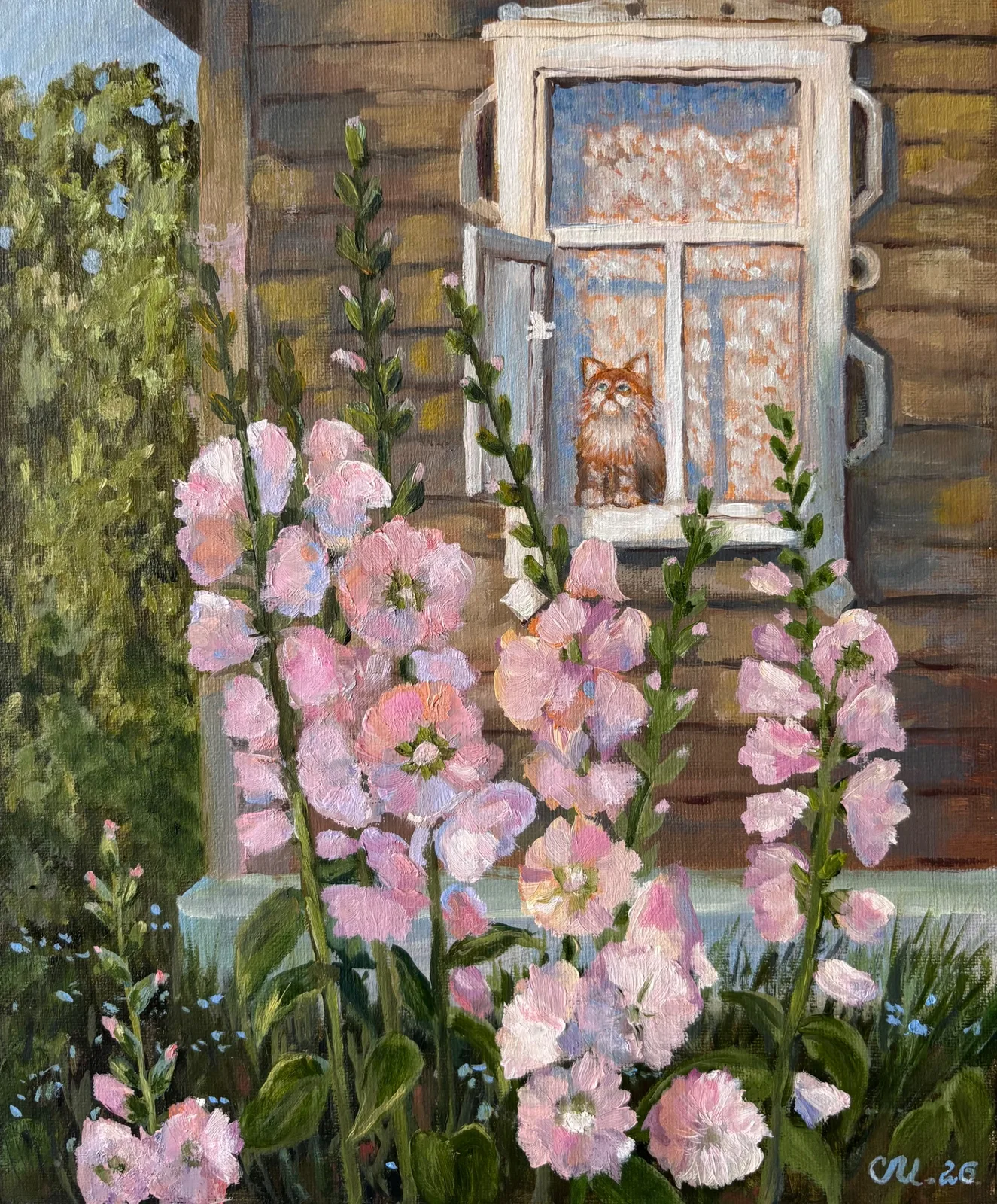 Картина «Мальвы и котенок» — Марина Сметанина, Жанровая живопись, В картине "Мальвы и котенок" гармонично сочетаются контрастные элементы, создав…