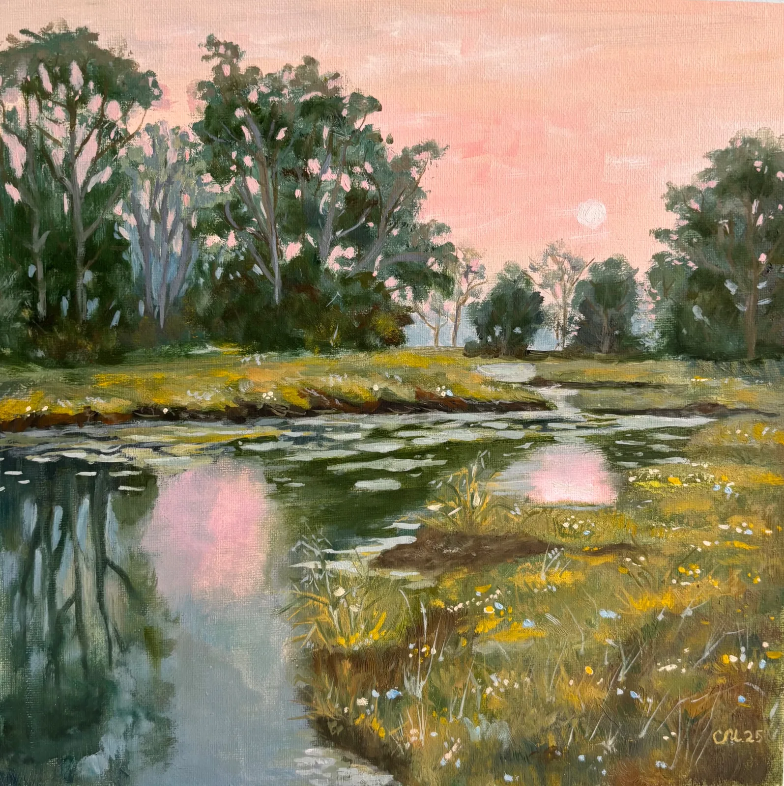 Картина «Розовый закат» — Марина Сметанина, Пейзаж, На картине изображен момент заката солнца над спокойным морем, когда небо окраш…