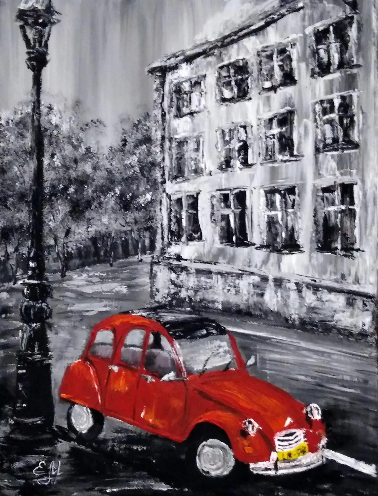 Картина «Красный автомобиль» — Елена Малыхина, Городской пейзаж, В картине "Красный автомобиль" Елена Малыхина мастерски играет с цветом и свето…
