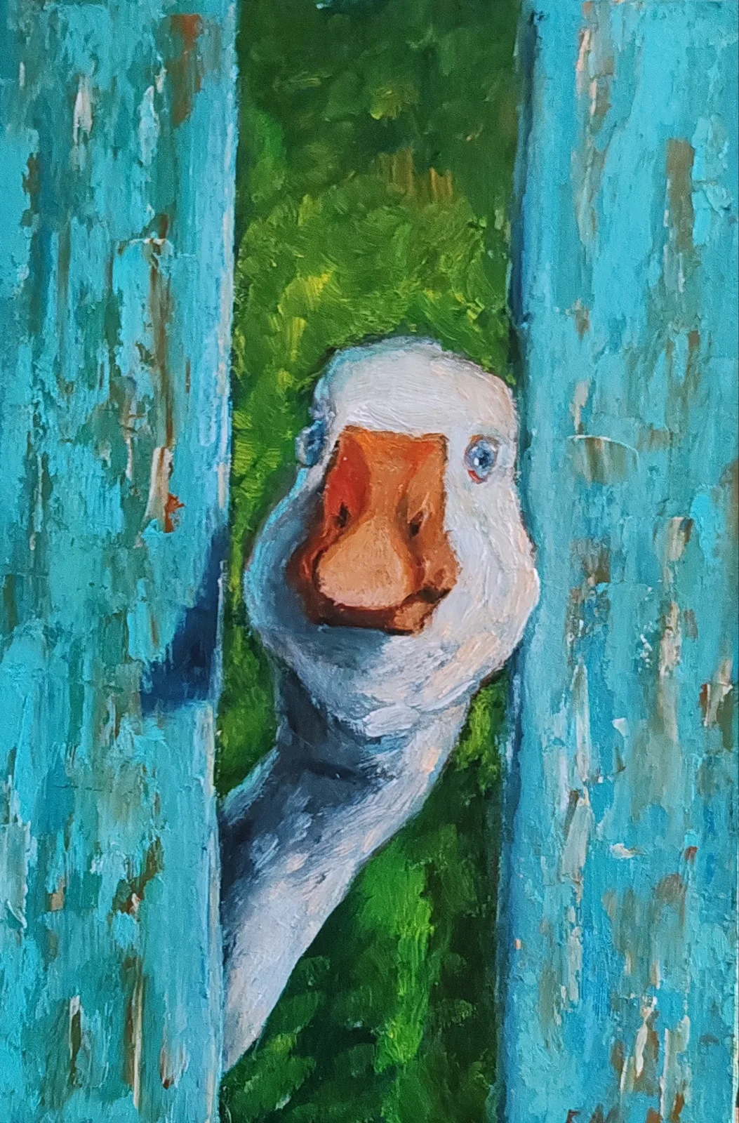 Картина «Жили у бабуси...» — Елена Малыхина, Анималистика, Эта картина — милое и забавное изображение гуся, который выглядывает из-за забо…