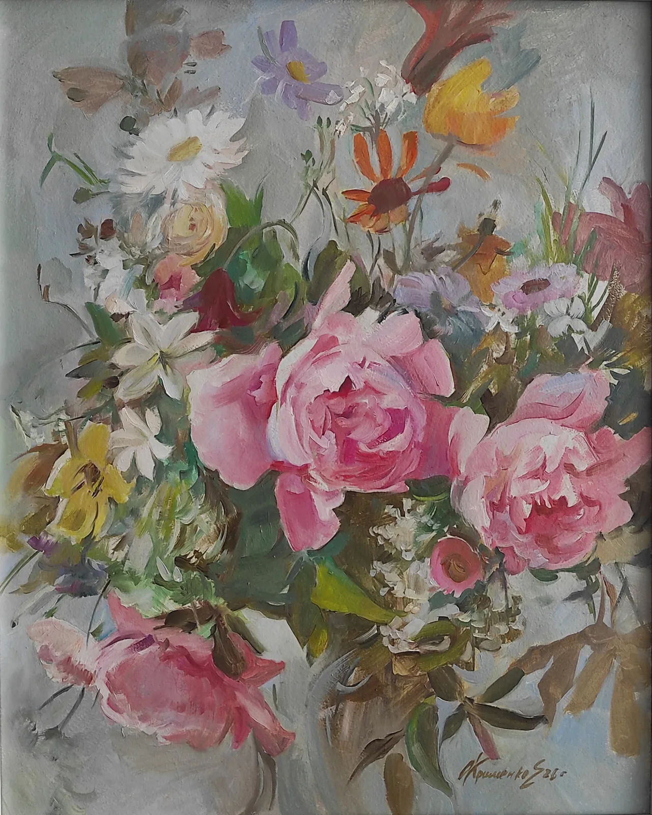 Картина «Летящий букет.» — Екатерина Охрименко, Натюрморт, Пионы, ромашки, розы в свободной композиции, легко и воздушно  заполняют картин…
