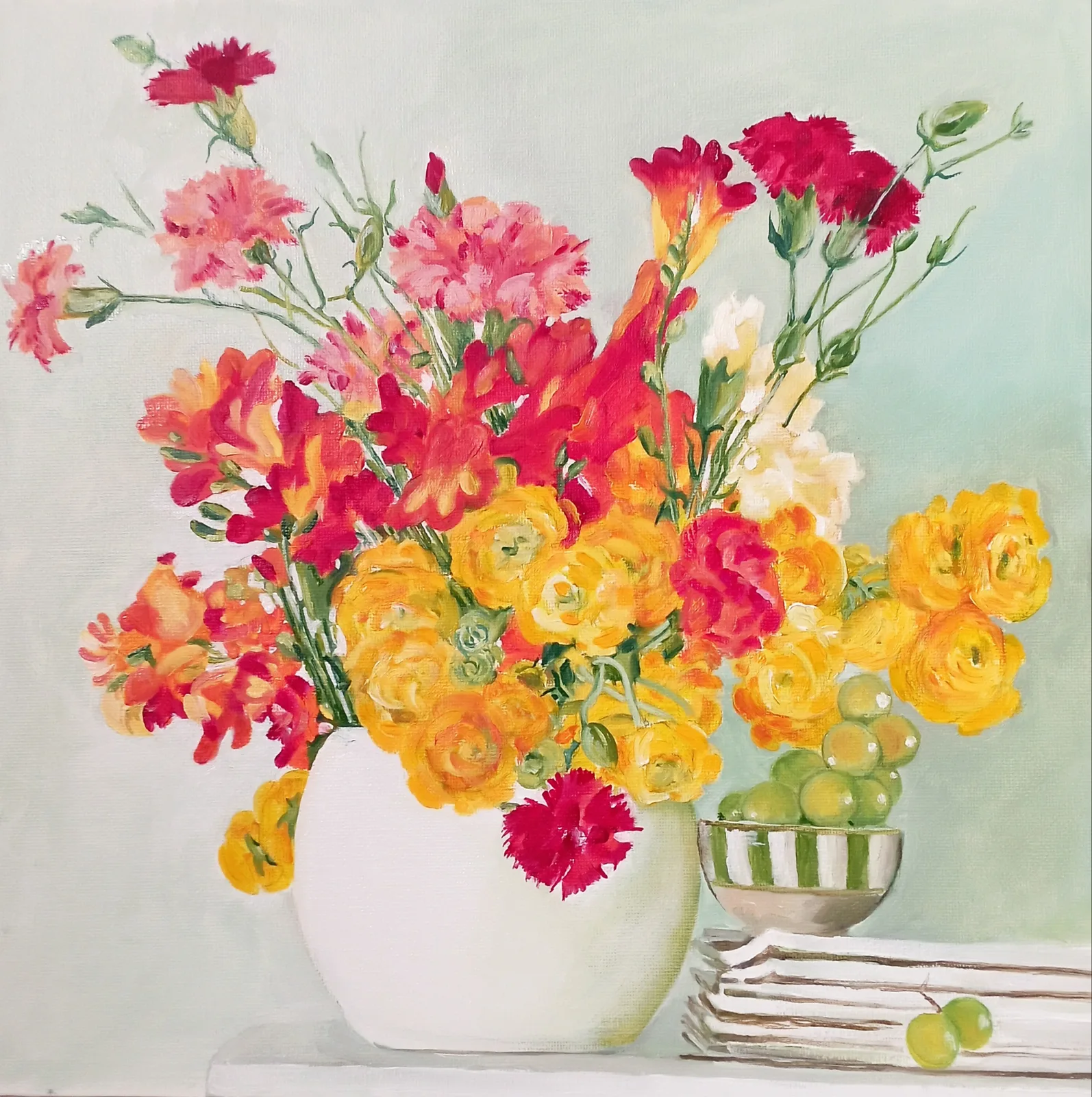 Гвоздики, ранункулюс, фрезии.