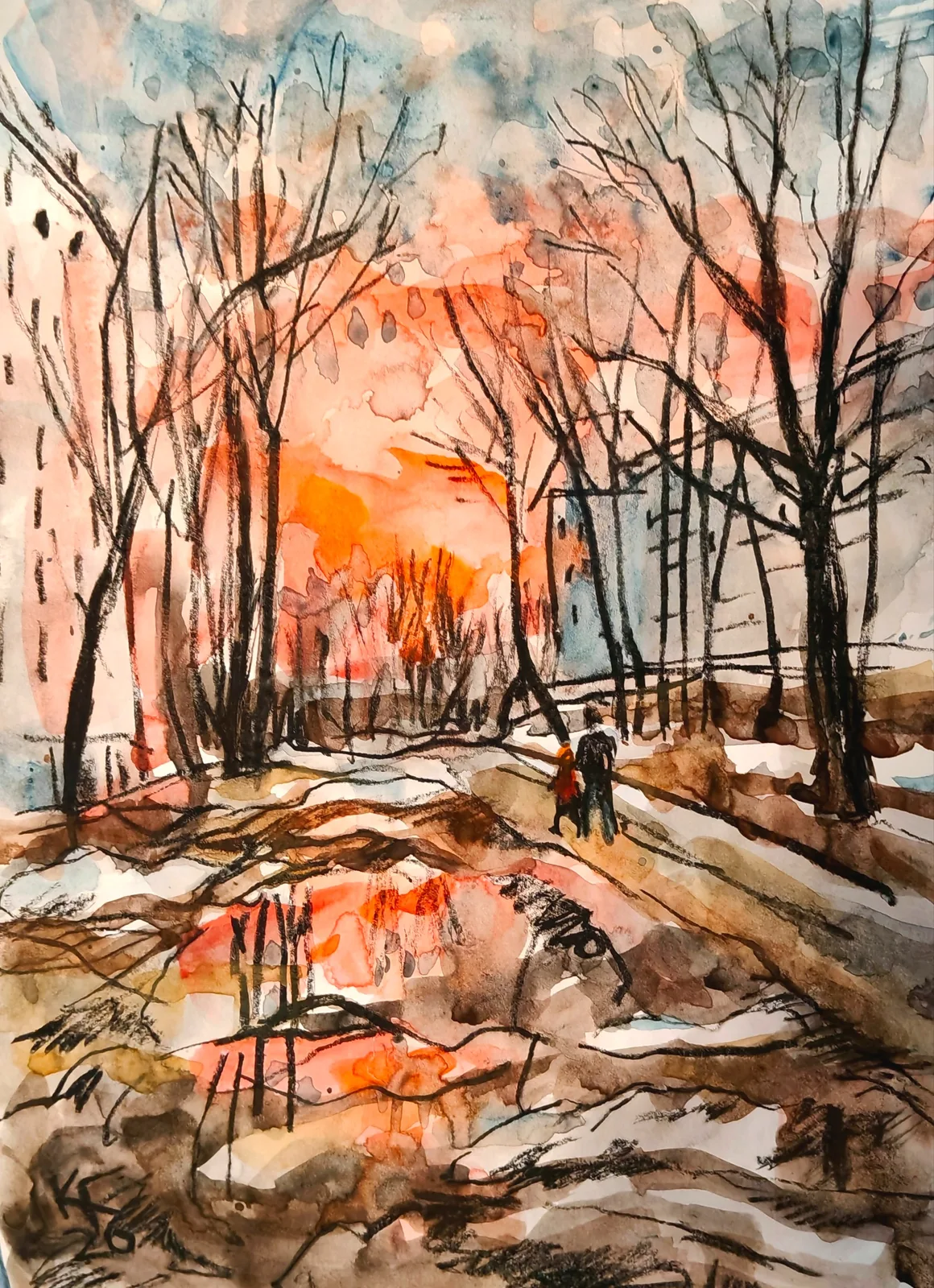 Картина «Гольяново. Вечерние прогулки.» — Галина Кара, Городской пейзаж, Вечер в Гольяново, когда тепло даже на расстоянии. Захватила момент, когда люди…