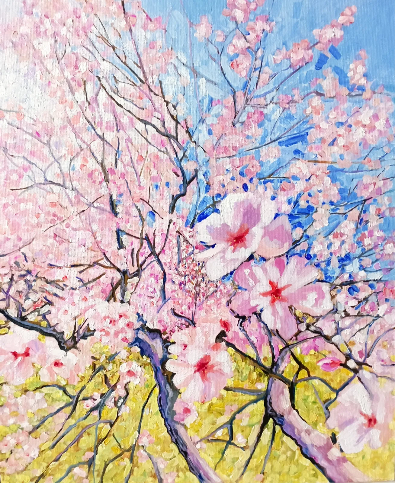 Картина «Цветение.» — Татьяна Мельгунова, Пейзаж, На картине "Цветение" изображена ветка сакуры, увешанная розовыми цветами. В гл…