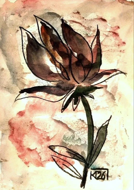 Картина «Волшебные цветы из моего сада» — Галина Кара, Другое, В центре картины — темный цветок с крупными бутонами и длинным стеблем. Листья …