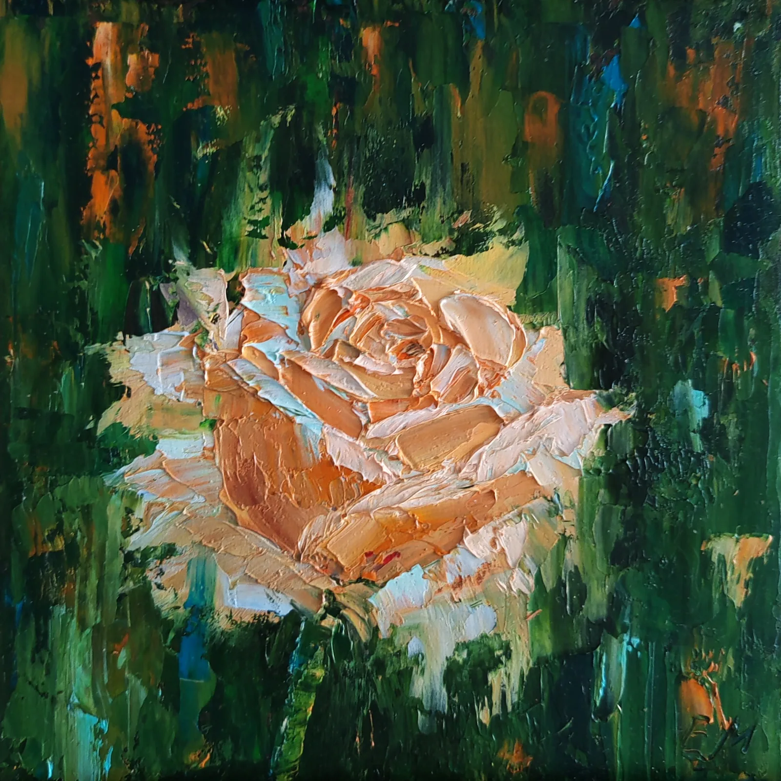 Картина «Чайная роза» — Елена Малыхина, Пейзаж, Перед нами нежная чайная роза на фоне сочной зелени. Ее бутон будто светится из…