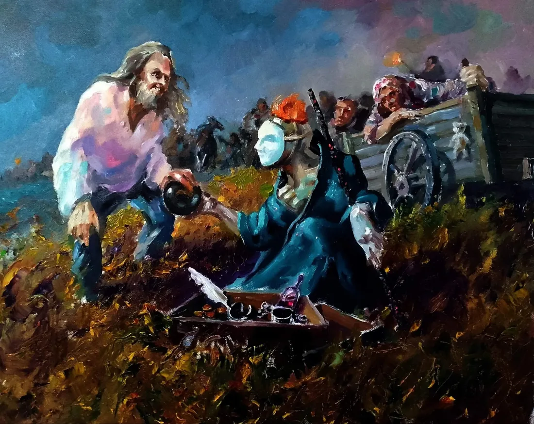 Картина «"Лоток участия"» — Роман Голосной, Жанровая живопись, холст на картоне, под лаком