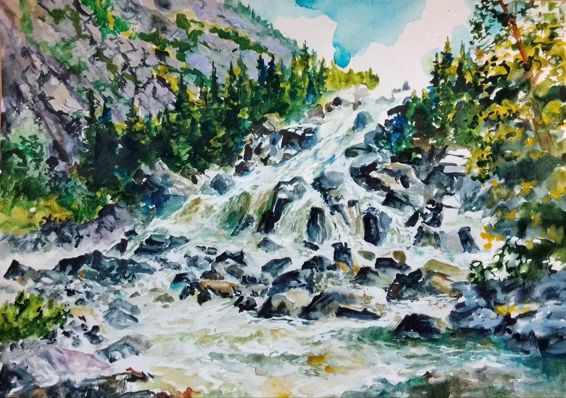Картина «"Водопад"» — Роман Голосной, Пейзаж, ..акварельная бумага, в рамке, под стеклом