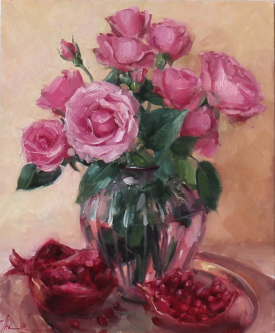 Картина «Розы и гранат» — Марина Пирожникова, Натюрморт, Этюд с натуры