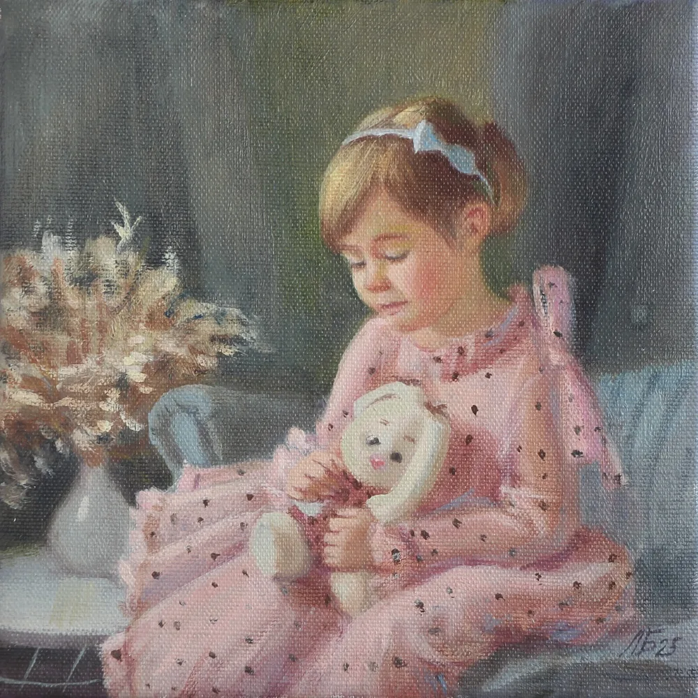 Картина «Зайка» — Любовь Быченко, Портрет, На картине изображена маленькая девочка с нежным взглядом и светлым бантом в во…