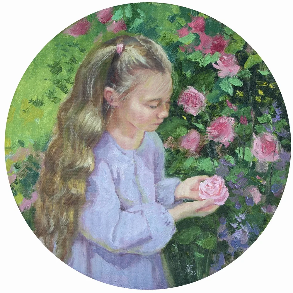 Картина «Розовый куст» — Любовь Быченко, Портрет, На картине изображена девочка с длинными светлыми волосами, которая стоит перед…