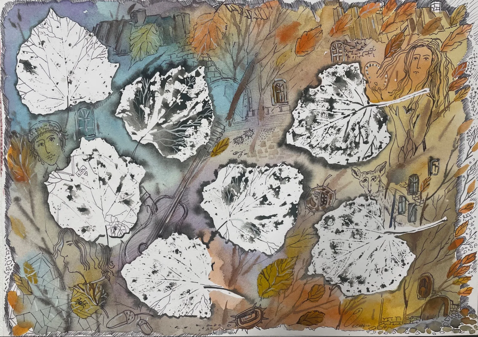 Картина «Лирикп» — Маша Казак, Пейзаж, На картине "Лирика" изображены белые листья на фоне осеннего пейзажа с домами и…