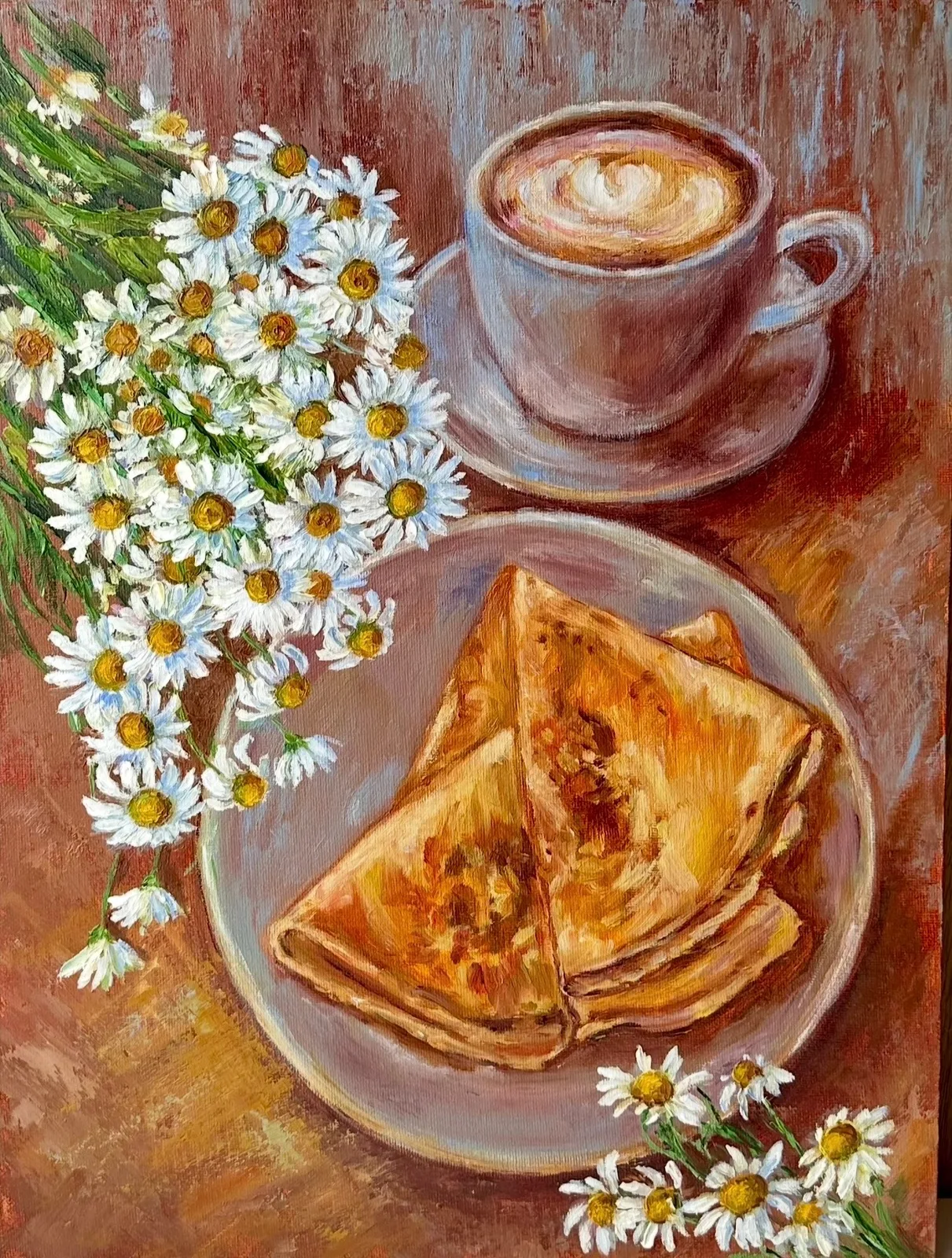 Картина «Ромашковое утро» — Светлана Бальникова, Натюрморт, На картине изображён простой и уютный натюрморт: чашка кофе с блюдцем, тарелка …