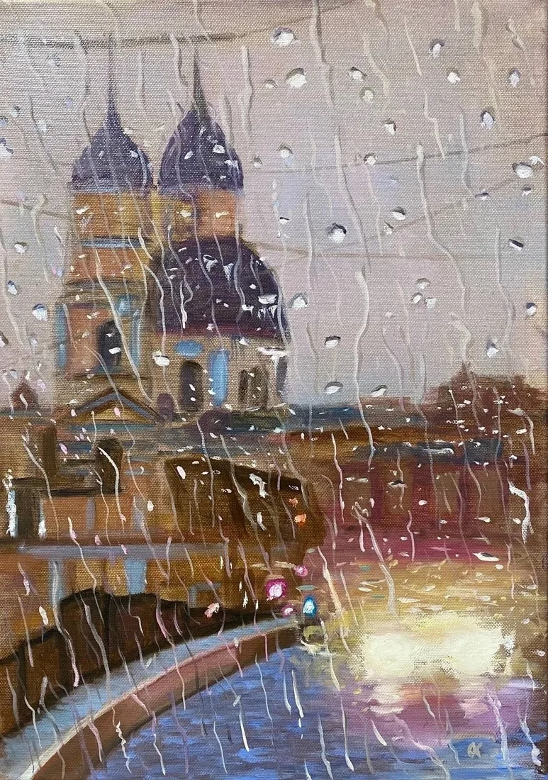 Картина «Дождь в городе» — Ольга Кротова, Городской пейзаж, Дождь в городе/ масло, холст на подрамнике, 33х46  
Референс из интернета. 
…