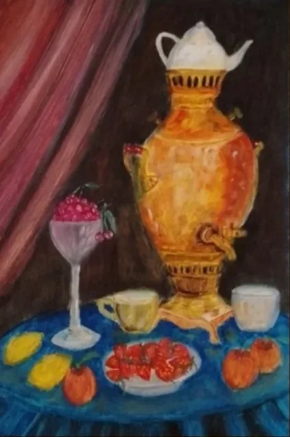 Картина «Чаепитие с самоваром» — Светлана Курамшина, Натюрморт, Картина с самоваром, фруктами и ягодами.
Масло, картон.
Размер картины 21*30 …