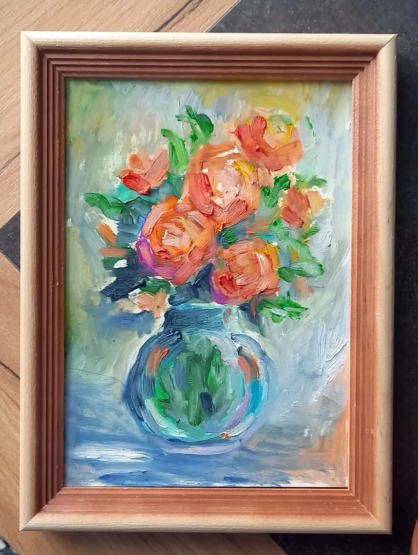 Букет с розами маслом 15*21 см.