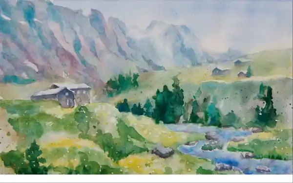 Пейзаж с речкой. Горы.