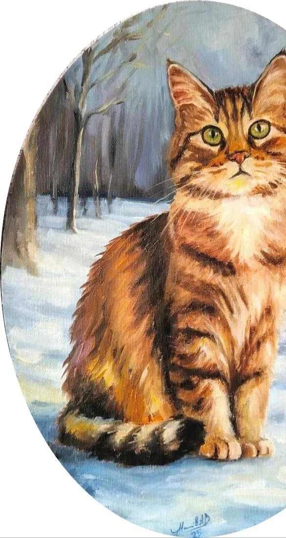 Картина «Кот» — Артур Михалев, Анималистика, На овальной картине изображена рыжая полосатая кошка на снегу. На заднем плане …