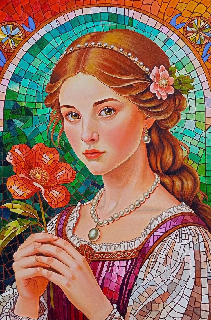 Картина «"Цветочек аленький"» — Светлана Кижаева, Жанровая живопись, Картина написана в мозаично - витражном стиле. На картине изображена главная ге…